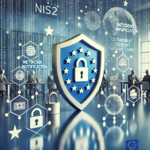 An image representing the European Union's NIS2 cybersecurity directive for businesses. The scene includes symbols of cybersecurity like shields, lock