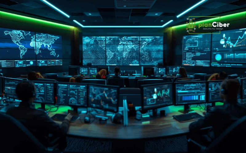 Sala de centro de operaciones de seguridad SOC con analistas trabajando monitores pantallas multiples