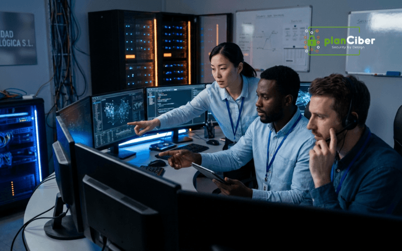 equipo tecnico oficina seguridad monitorizando incidentes ciberseguridad empresa